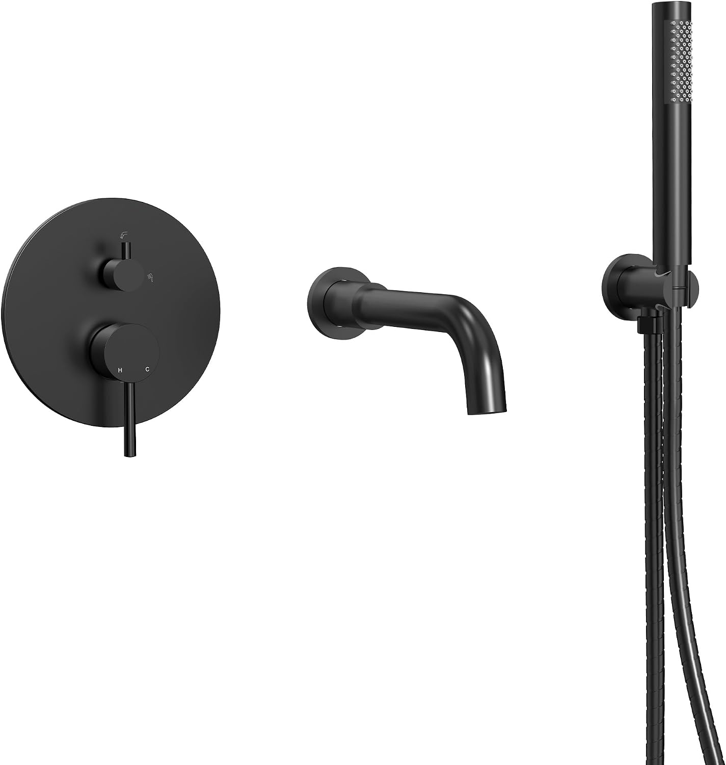 Matte Black Wall Mount Bathtub Faucet with Handheld Shower, High Flow Tub Filler, Solid Brass Rough-in Valve Included, Single Handle Bathroom Fixture