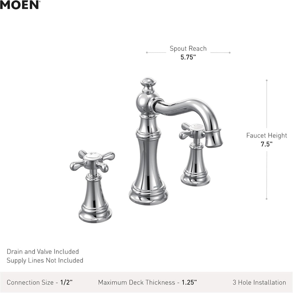 Moen Weymouth Brushed Gold Two-Handle Widespread Cross Handle Bathroom Faucet Trim Kit, Valve Included, TVS42114BG