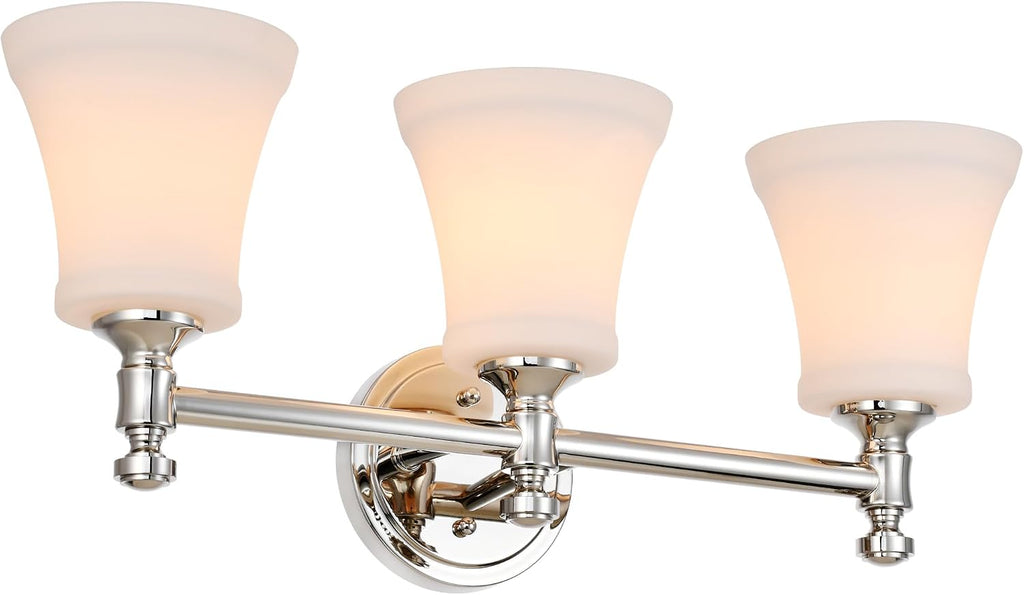Polsihed Nickel Bathroom Vanity Light Fixtures, Traditional 3 Lights Wall Sconce Lighting with Large Opal Glass Shade, Porch Wall Mount Light Fixture for Bathroom, Mirror Cabinets Hallway Stairs