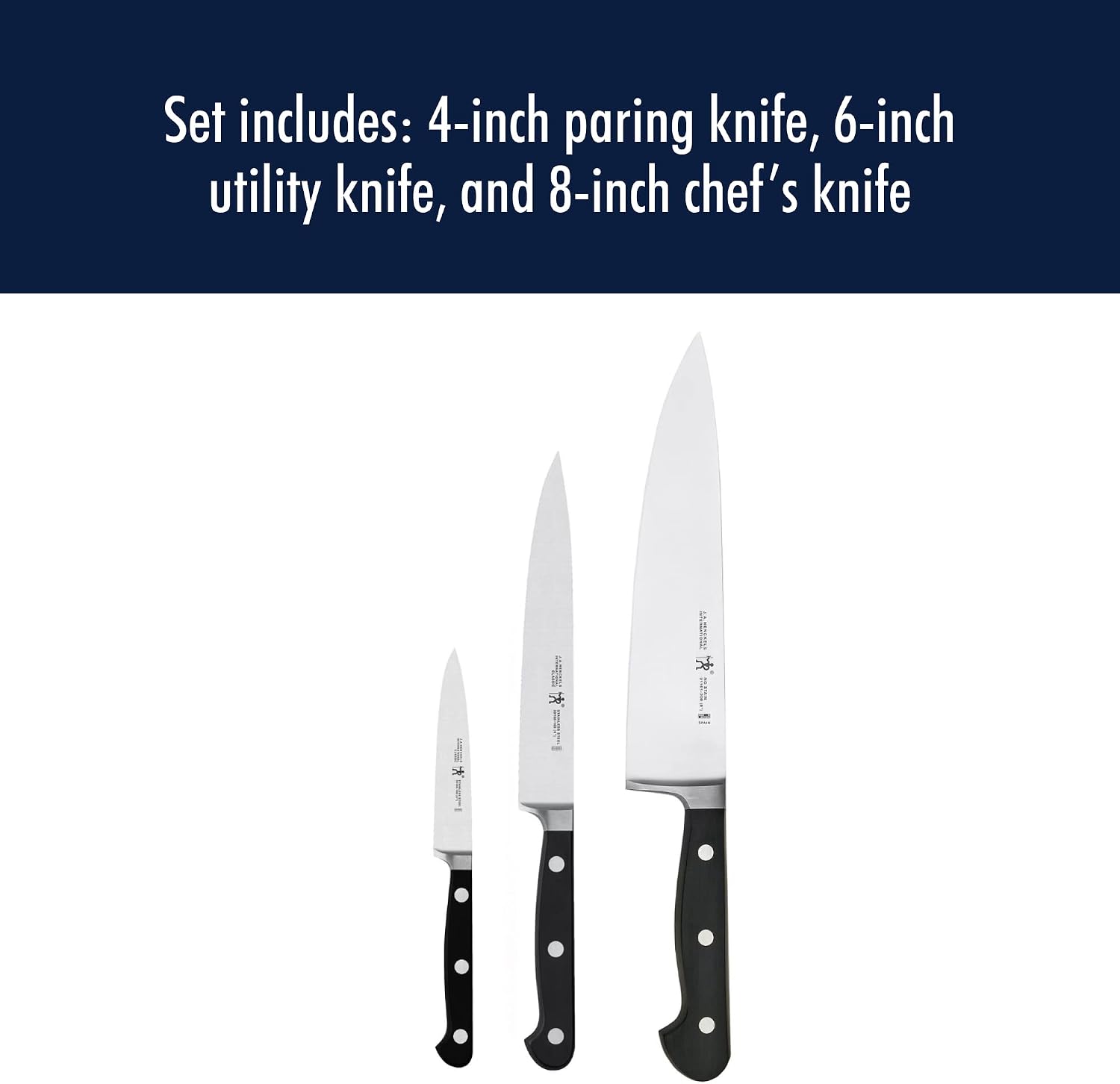 HENCKELS Classic Razor-Sharp 3-Piece Kitchen Knife Set, Chef Knife, Paring Knife, Utility Knife, German Engineered Informed by 100+ Years of Mastery, Stainless Steel