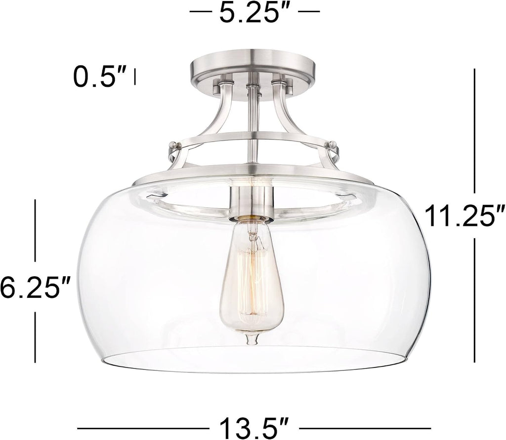 Franklin Iron Works Charleston Industrial Rustic Farmhouse Ceiling Light Semi Flush-Mount Fixture 13 1/2' Wide Brushed Nickel LED Clear Glass Shade for Bedroom Kitchen Living Room Hallway Dining