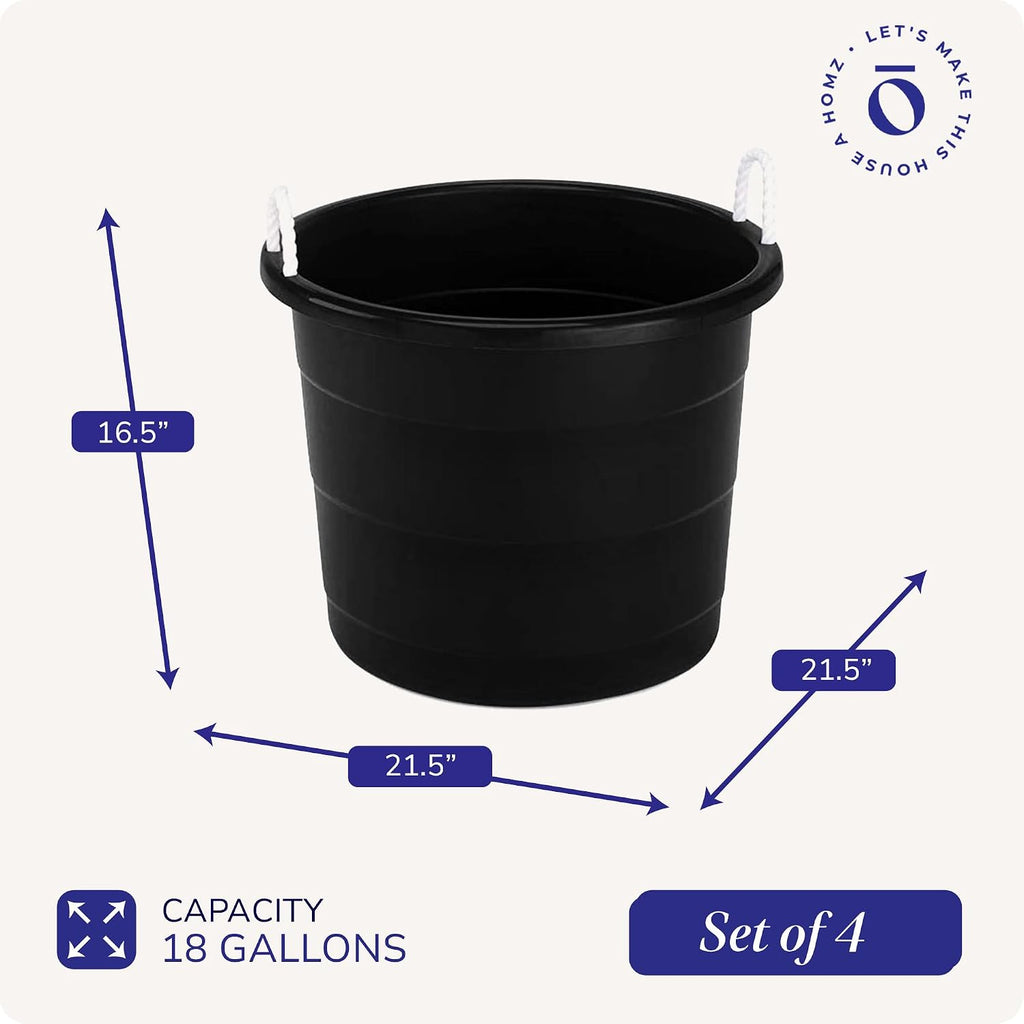 HOMZ 4-Pack Utility Tub, Large Plastic Storage Bucket with Rope Handles, 18 Gallon, Black - Portable Indoor and Outdoor Buckets for Kitchen, Laundry, Garden, Bathroom, and Garage Organization