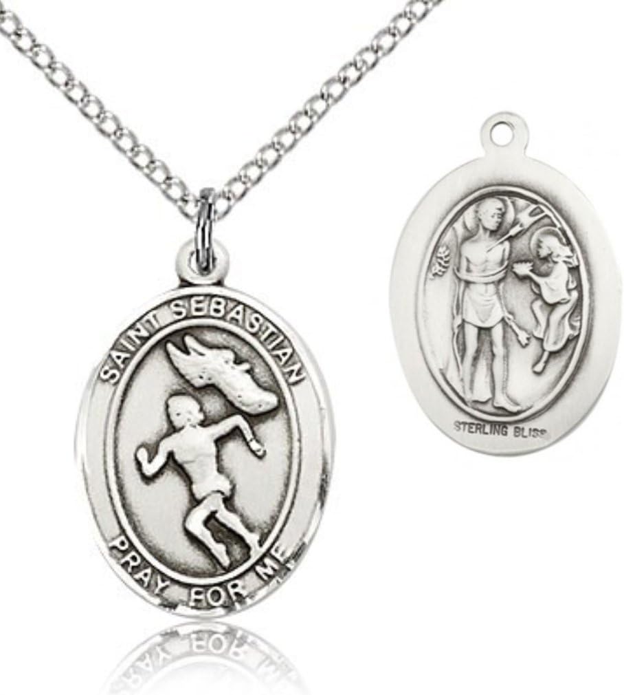 Heartland Store Sterling Silver Saint Sebastian Track and Field Oval Medal + 18 Inch Sterling Silver Chain & Clasp| USA Made