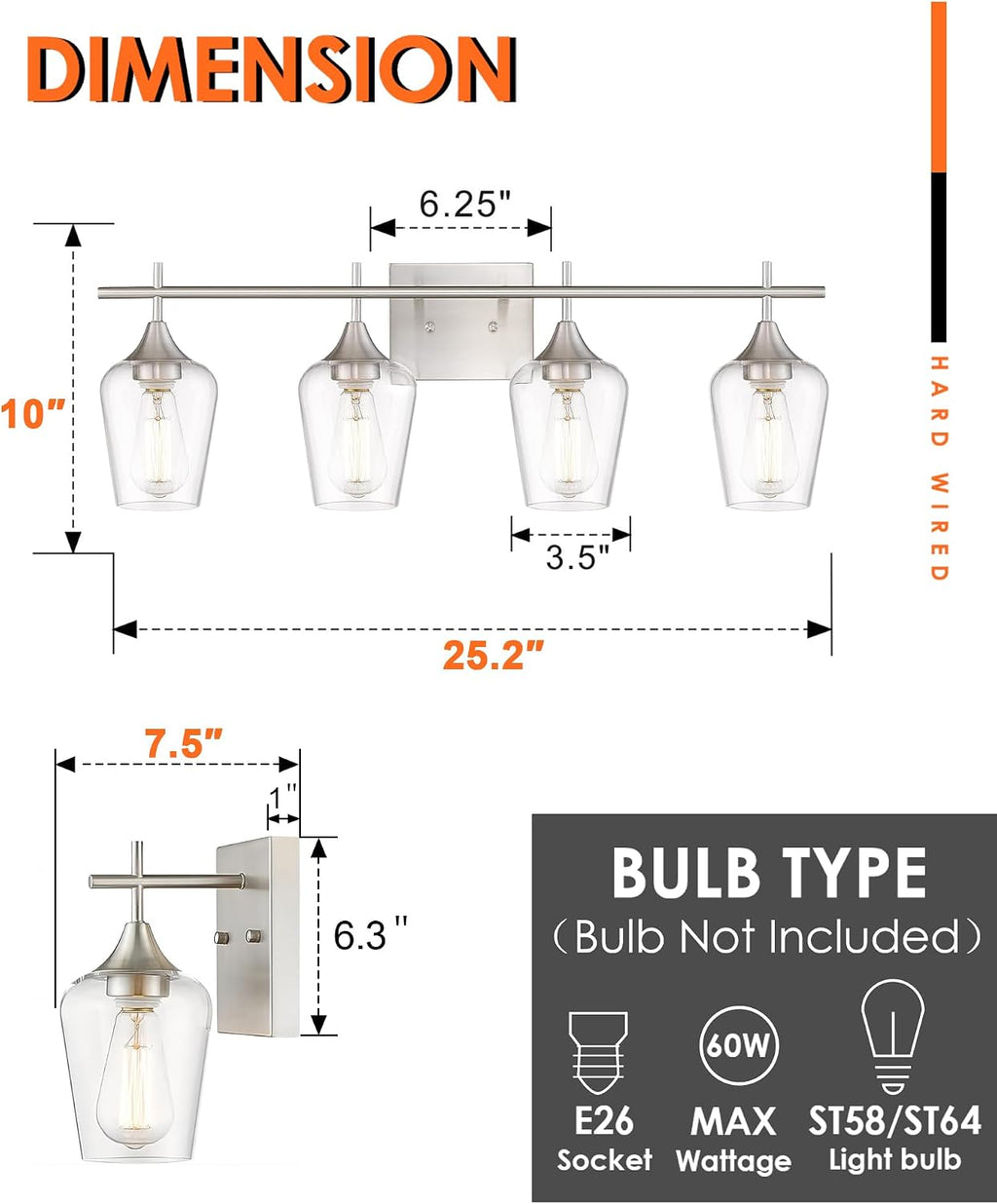 4-Light Bathroom Lighting Fixtures Over Mirror, 24 Inch Brushed Nickel Vanity Lights with Clear Glass, Modern Bath Wall Sconce Lighting for Bathroom, WL9167-4C