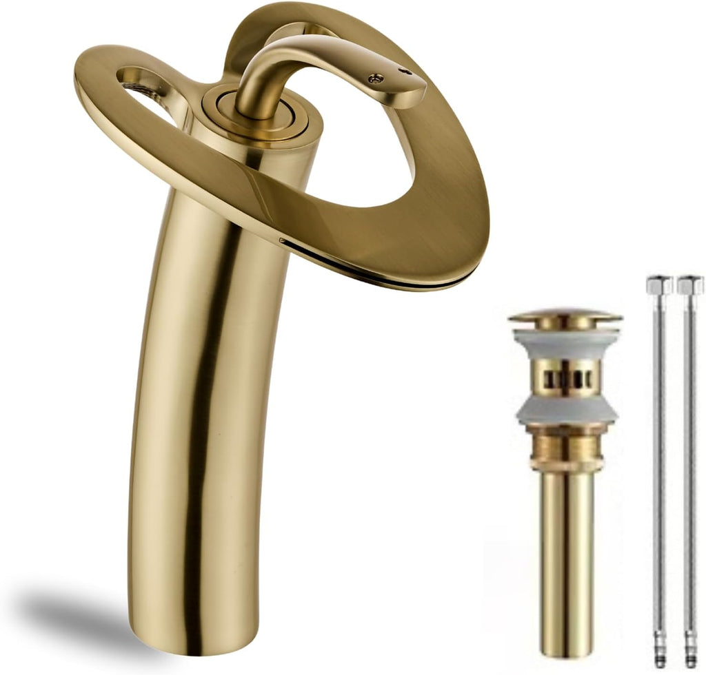 Tall Brushed Gold Waterfall Unique Bathroom Faucets, Single Lever 1 Hole Vessel Sink Faucets for Bathroom Vanity, Hot Cold Mixer Tap with Supply Hoses and Pop up Drain, llaves para lavamanos de baño