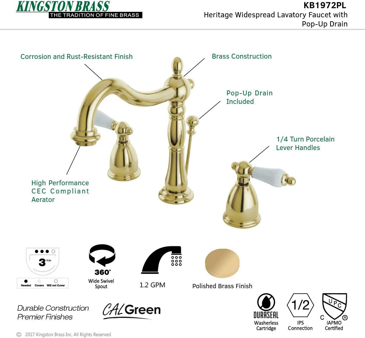 Kingston Brass KB1972PL Heritage Widespread Lavatory Faucet with Porcelain Lever Handle, Polished Brass,8-Inch Adjustable Center