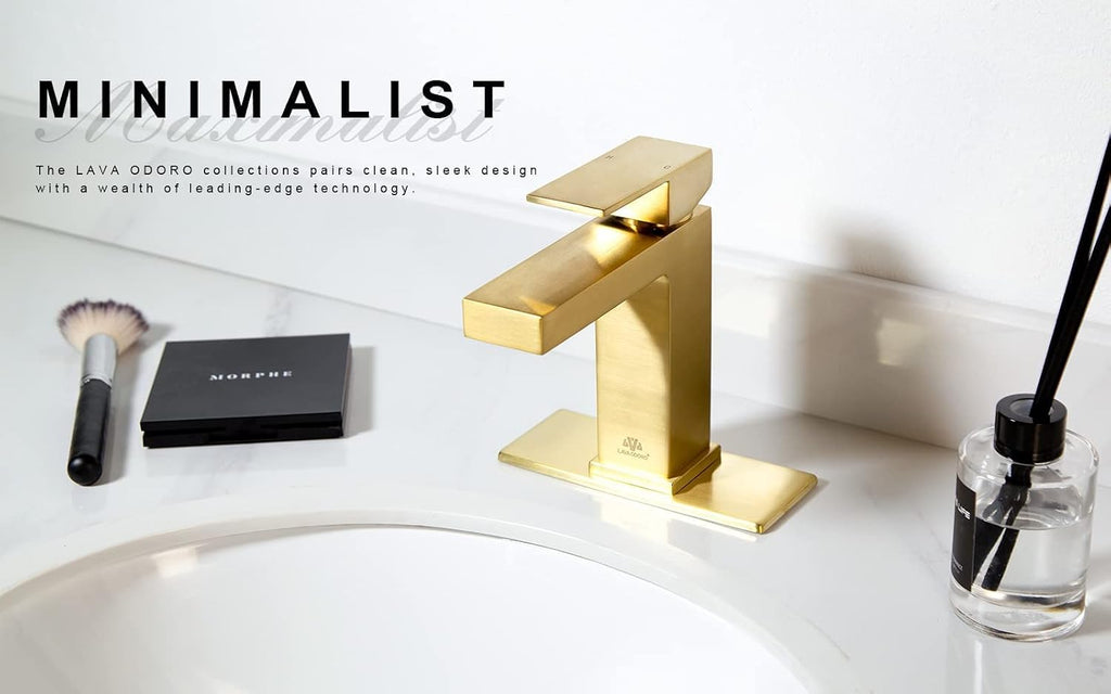 Lava Odoro Brushed Gold Bathroom Faucet Single Hole,Modern Bathroom Sink Faucet Single Handle Vanity Faucet with Pop up Drain Assembly, Deck Plate Included, 1.2 GPM, BF307-SG