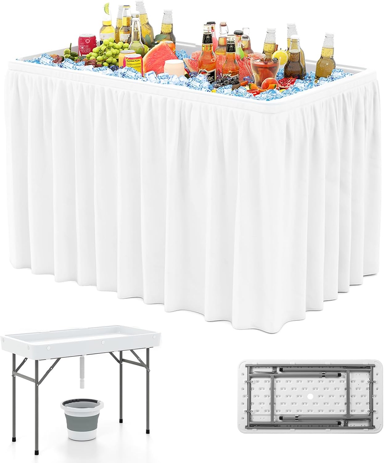 4 Foot Folding Ice Cooler Table, Portable Ice Tables for Parties with Drain, Detachable Matching Skirt & Foldable Bucket, Fill and Chill Table for Party, Picnic, Camping, Wedding, White