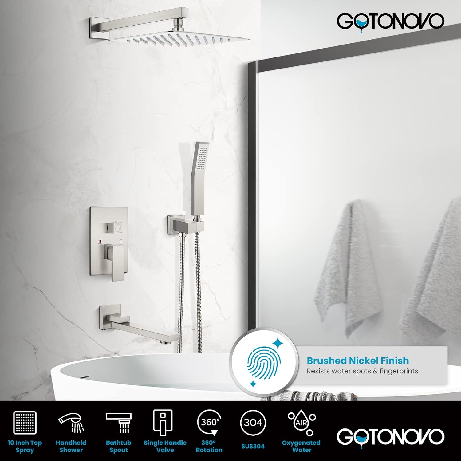 gotonovo Rainfall Tub Shower Faucet Set Bathroom Shower System with Tub Spout Wall Mount Square High Pressure Shower Fixtures with Handheld Sprayer Rough-In Valve 10'' Shower Head,Brushed Nickel