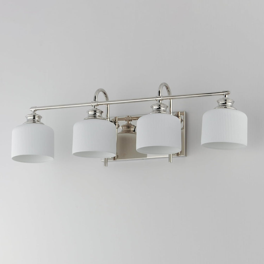 Maxim Lighting Bisque 4-Light Bath Vanity Light | Polished Nickel Steel Finish | White Glass Shade | Modern Indoor Light Fixture | Ideal for Bathrooms & Powder Rooms | Dimmable Damp Rated | 21494WTPN