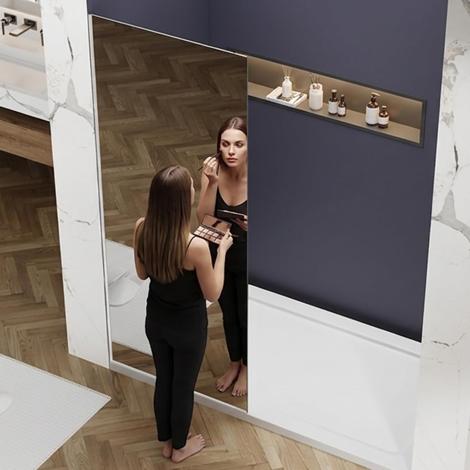 36' W x76 H Frameless Shower Glass Panel w/Full Length Mirror, 3/8',Chrome | Fixed Shower Screen; 10mm Tempered Glass; Nano Coating;Aluminum Alloy Material