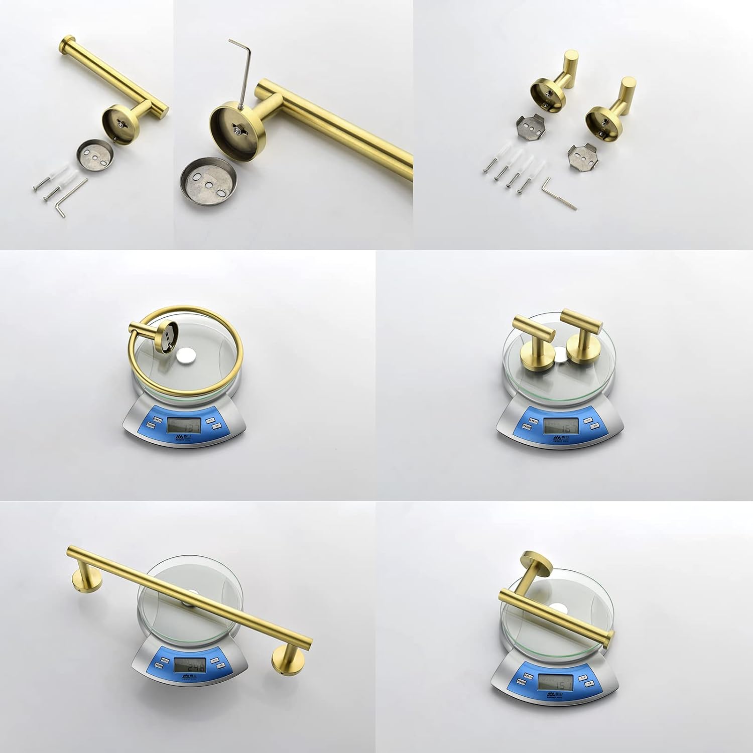 6-Pieces Bathroom Hardware Set SUS304 Stainless Steel Round Wall Mounted Includes Hand Towel Bar,Toilet Paper Holder,Robe Towel Hooks,Bathroom Accessories Kit On-Site (Gold)