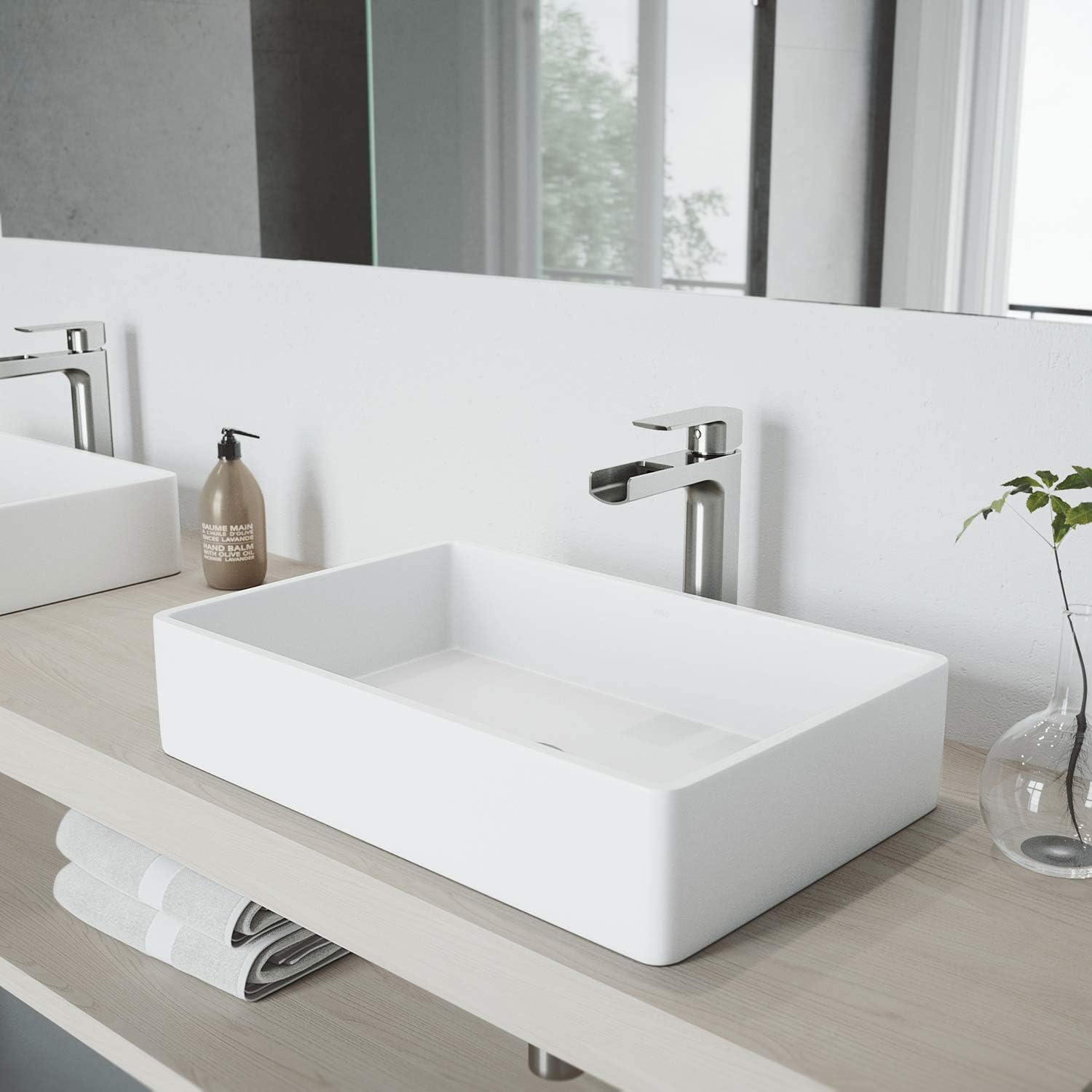 VIGO Amada Waterfall Single-Handle Single-Hole Mount Vessel Bathroom Sink Faucet, 10-Inch, Brushed Nickel, Modern Design, Solid Brass, 1.2 GPM WaterSense & Ceramic Disc Valve, Corrosion-Resistant