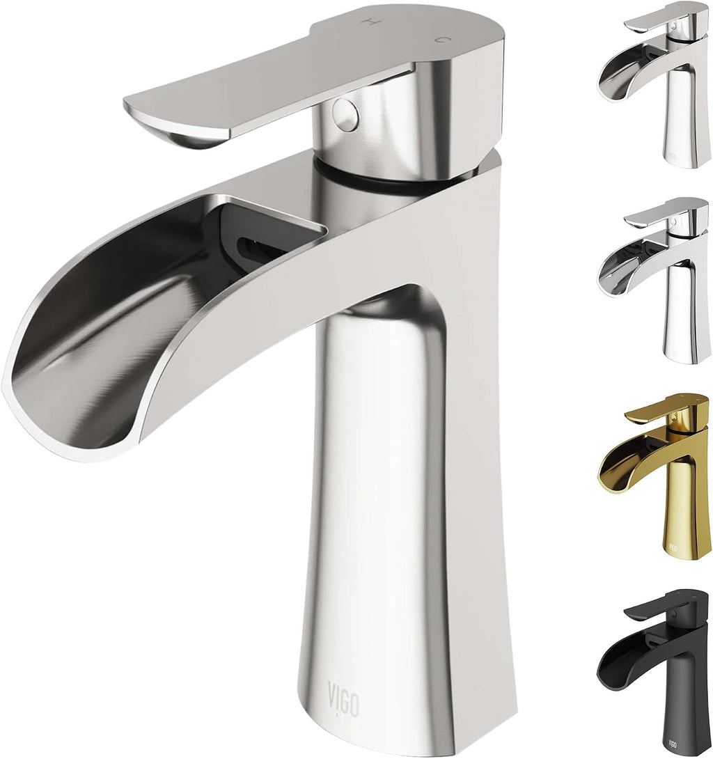 VIGO Paloma Waterfall Single-Handle Single-Hole Mount Bathroom Sink Faucet, 7-Inch, Brushed Nickel, Modern Design, Solid Brass, 1.2 GPM WaterSense & Ceramic Disc Valve, Corrosion-Resistant - VG01041BN