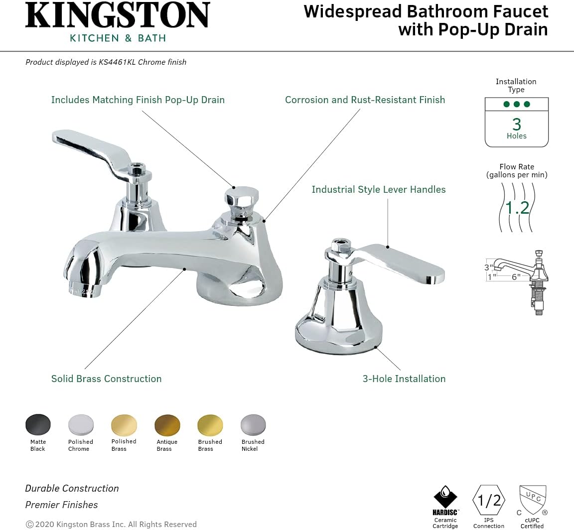 Kingston Brass KS4468KL Whitaker Widespread Bathroom Faucet with Brass Pop-Up, Brushed Nickel