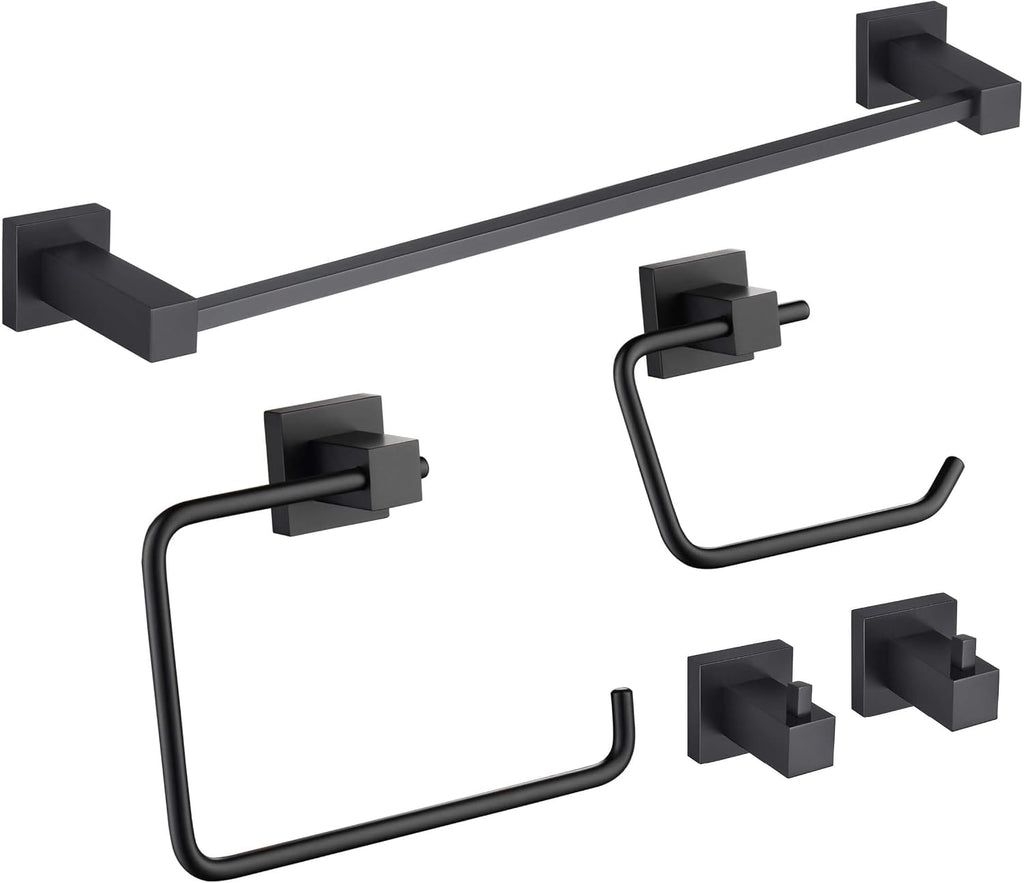 KIBI Cube Bathroom Hardware Set, 5-Piece Accessories Set | 18' Towel Bar, Towel Ring, Toilet Paper Holder, 2 Robe Hooks | Solid Brass Wall Mounted Bathroom Fixtures | Matte Black, C-KBA15-5-4