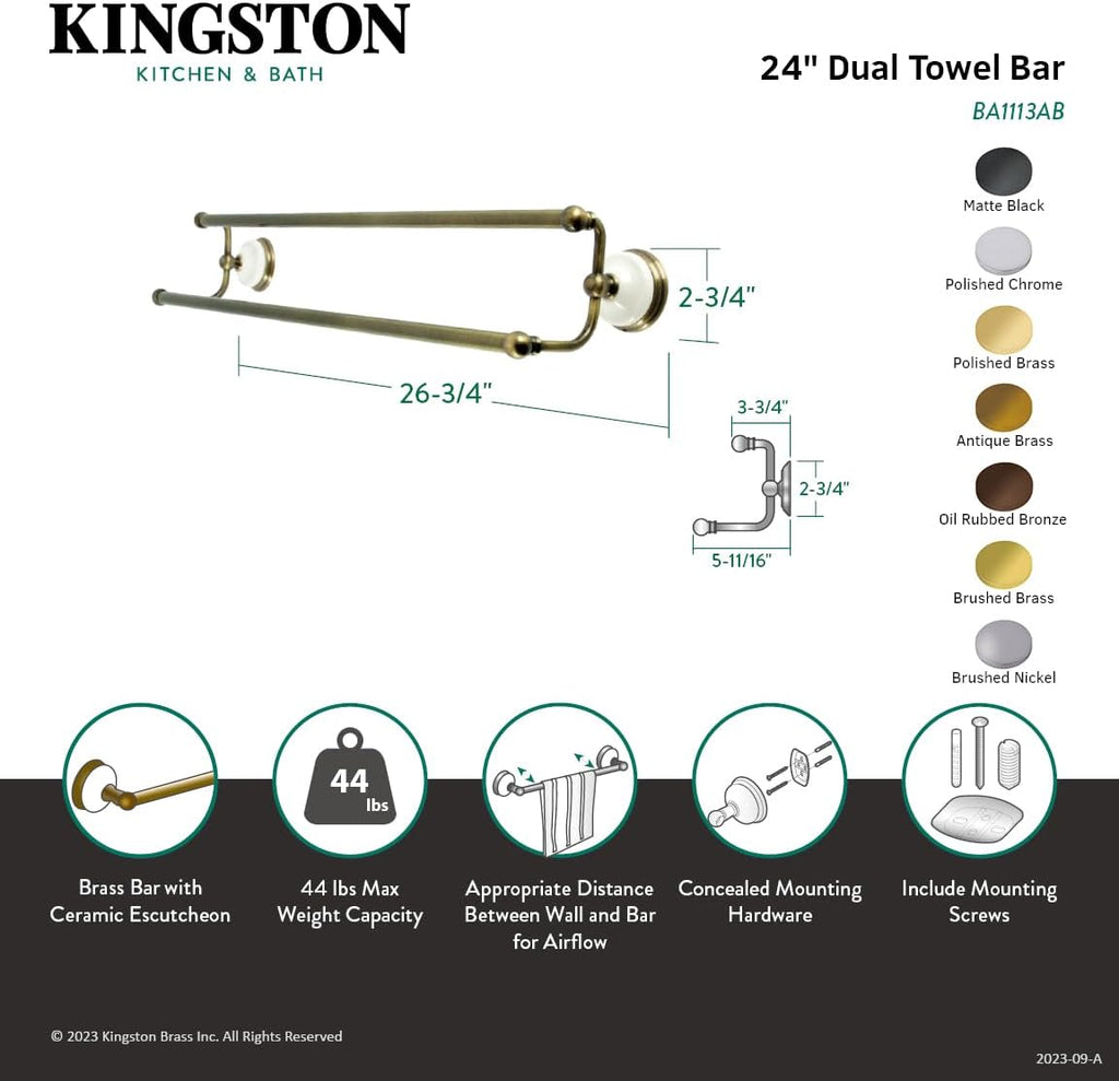 Kingston Brass BA1113PB Victorian Dual Towel-Bar, 24-Inch, Polished Brass