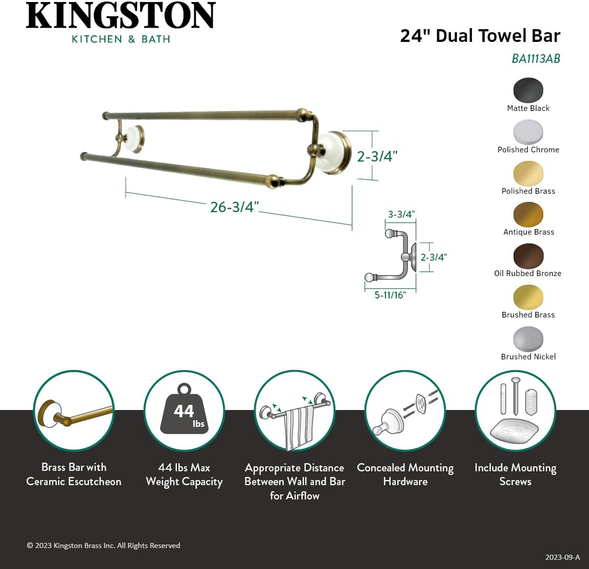 Kingston Brass BA1113BB Victorian Dual Towel-Bar, Brushed Brass 24 x 5.81 x 3.88