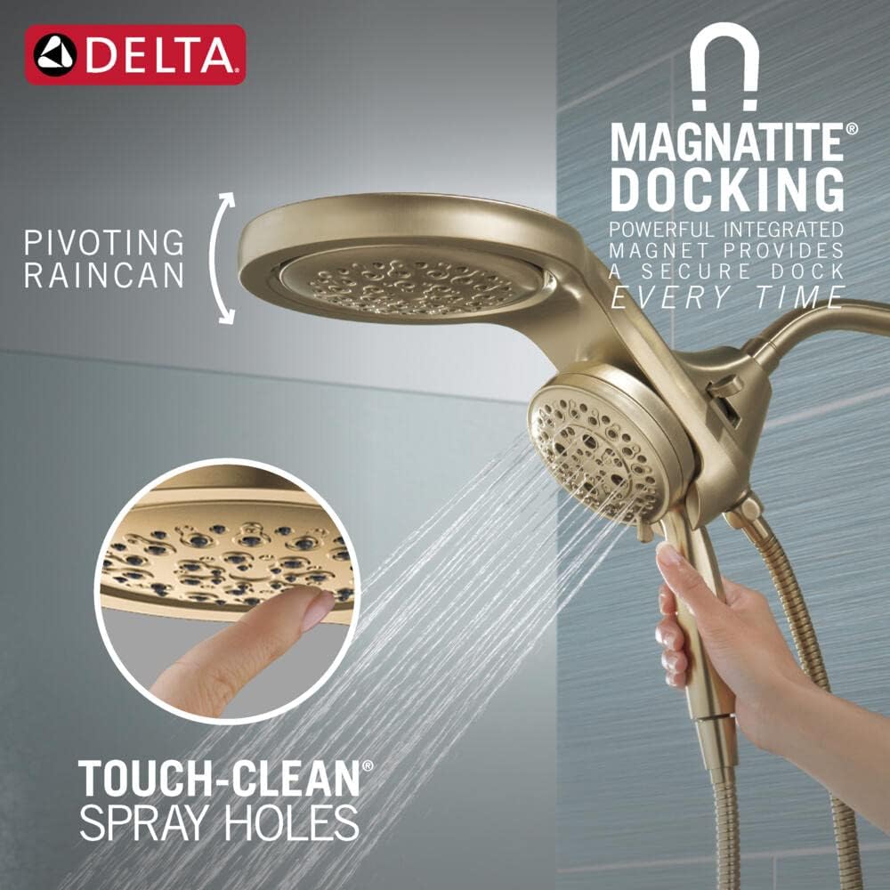 Delta Faucet HydroRain 5-Spray H2Okinetic Dual Shower Head with Handheld Spray, Gold Shower Head with Hose, Handheld Shower Heads, 2.5 GPM Flow Rate, Champagne Bronze 58680-CZ25