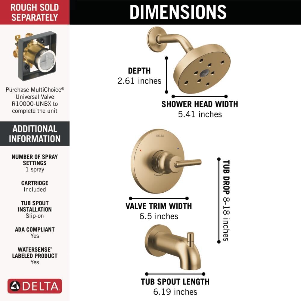 Delta Faucet Trinsic 14 Series Single-Function Tub and Shower Trim Kit with Single-Spray H2Okinetic Shower Head, Champagne Bronze T14459-CZ (Valve Not Included)