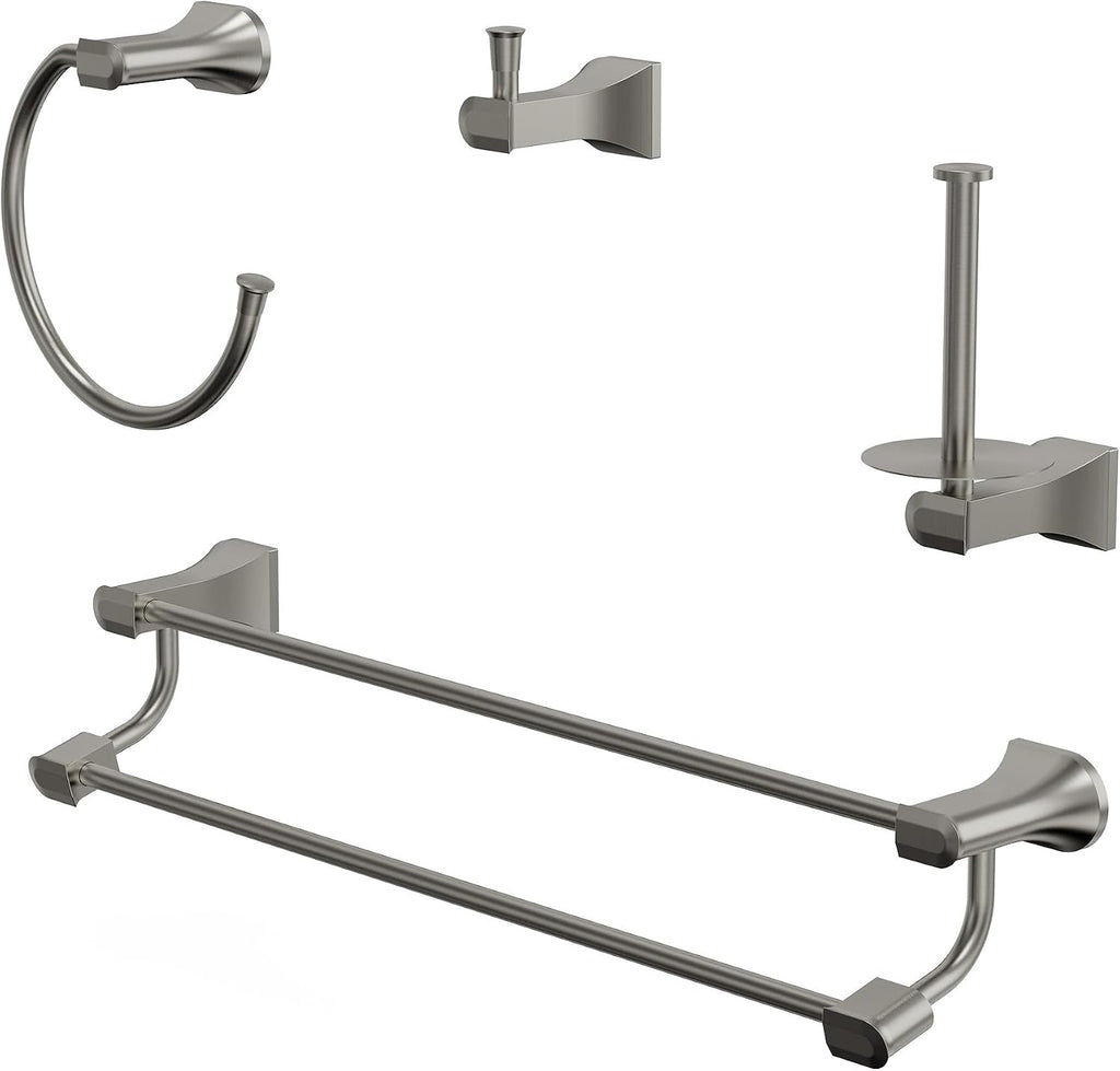 4-Piece Brushed Nickel Bathroom Hardware Set, 304 Stainless Steel Rustproof Wall Mounted, 24 Inch Double Towel Rack, Towel Ring, Robe Hook, Toilet Paper Holder