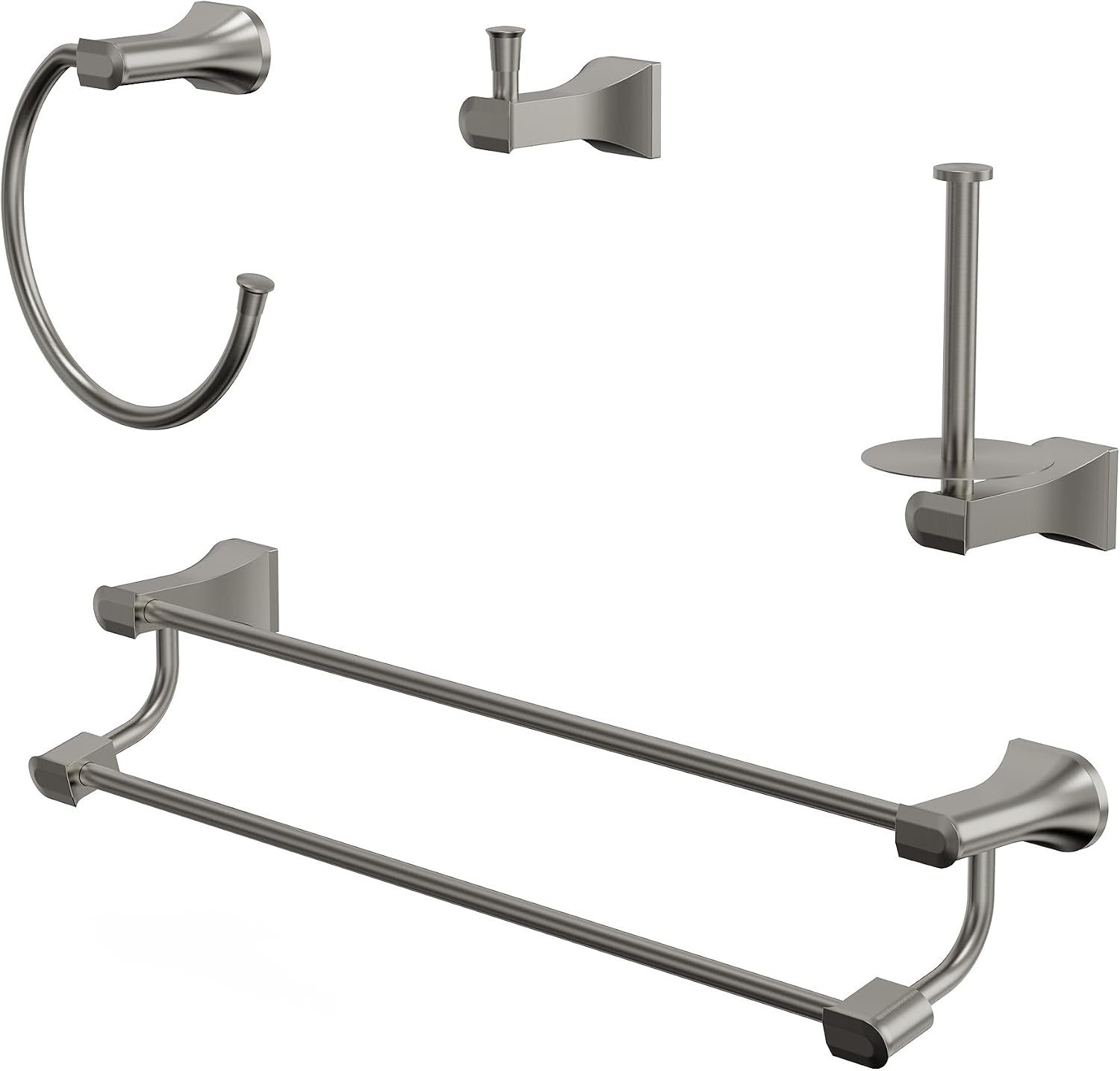 4-Piece Brushed Nickel Bathroom Hardware Set, 304 Stainless Steel Rustproof Wall Mounted, 24 Inch Double Towel Rack, Towel Ring, Robe Hook, Toilet Paper Holder
