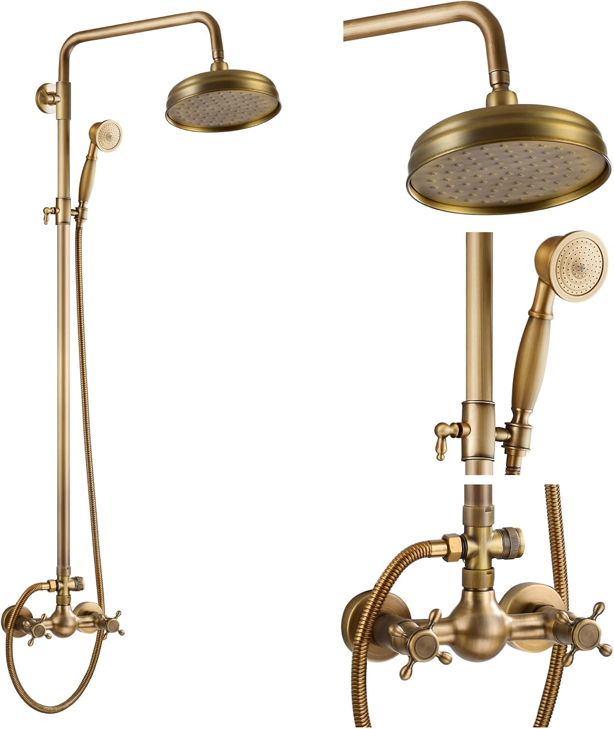 gotonovo Bathroom Exposed Shower Fixtures 8 Inch Rain Showerhead Double Cross Handles 2 Function Wall Mount Shower Faucet Set, Brass Handheld Spray, Antique Brass