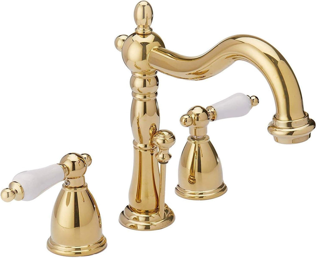 Kingston Brass KB1972PL Heritage Widespread Lavatory Faucet with Porcelain Lever Handle, Polished Brass,8-Inch Adjustable Center
