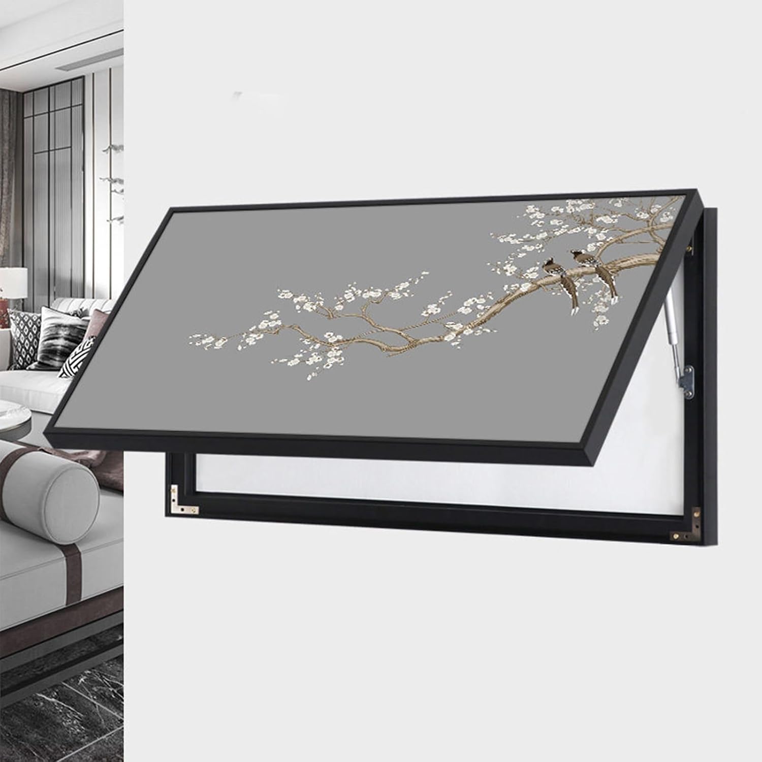 JHDXL Wall Mounted Electrical Panel Cover, Chinese Style Wall Art to Cover, with Hydraulic Rod Support, for Bedroom, Living Room(Black,80 * 40cm/31.5 * 15.7in)