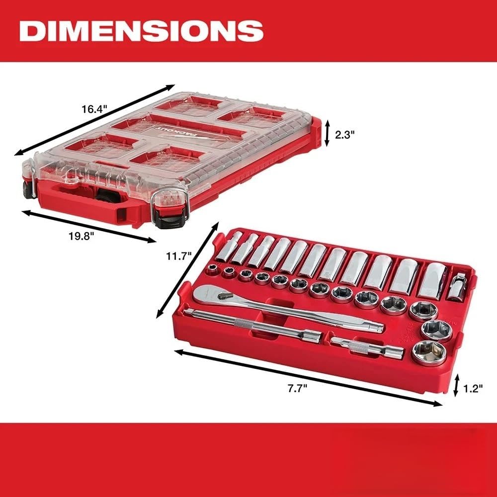 28pc 48-22-9481 Mechanics Tool Set for Milwaukee 3/8' Drive Ratchet & Socket Set with PACKOUT Organizer