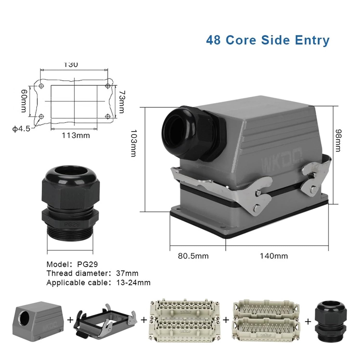 Heavy Duty Push in Connector, 6/10/16/24/32/48 Core, Tool Free Wiring, Waterproof Industrial Power Connector, 1pcs(48 Core Side Entry)