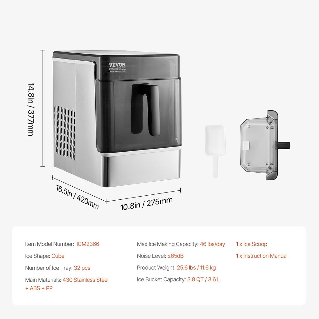 VEVOR Countertop Ice Maker, 32 Cubes Ready in 15 Mins, 46lbs in 24Hrs, Self-Cleaning Portable Ice Maker with Convenient Ice Transfer, Ice Machine with 2 Sizes Ice Cube for Home Kitchen Office Party