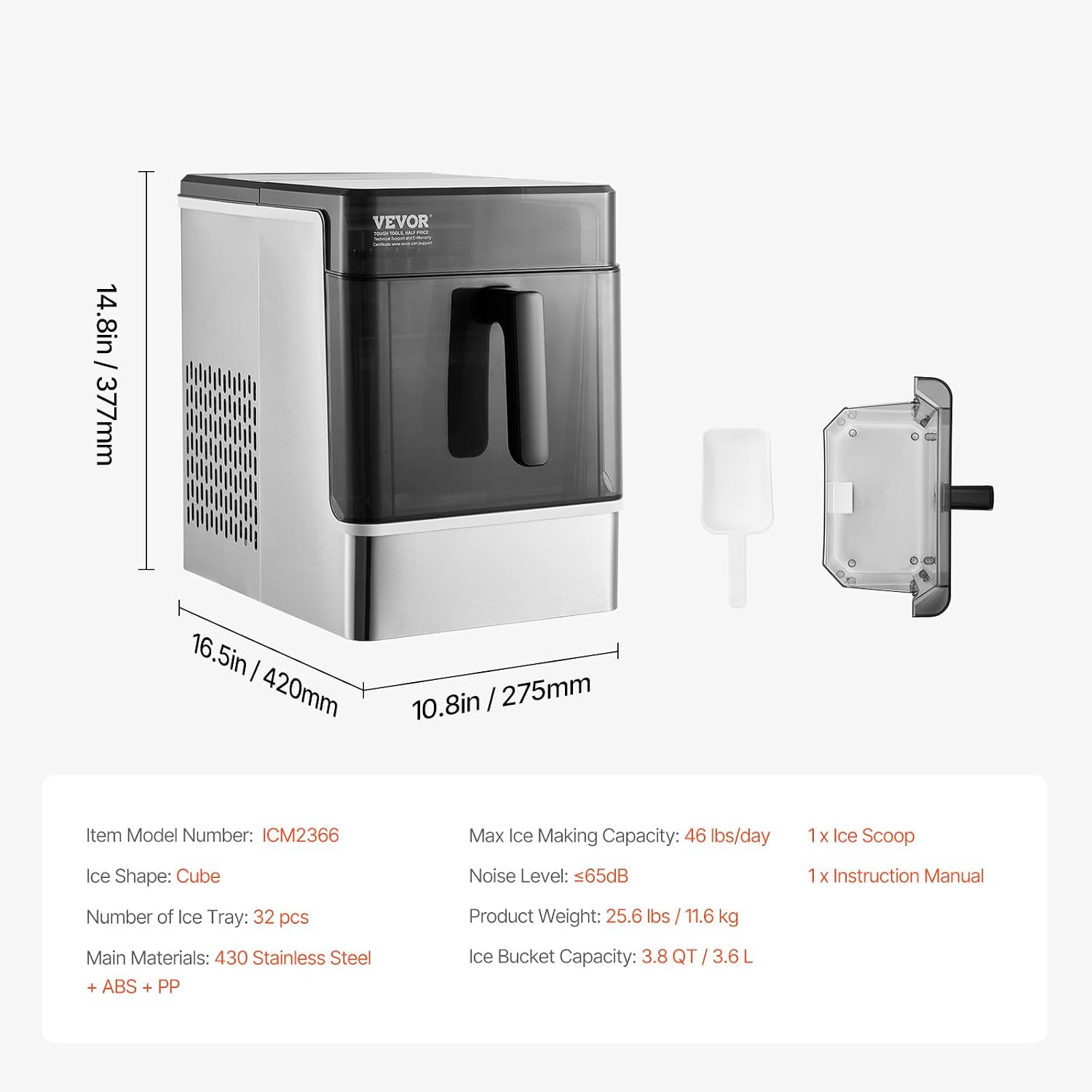VEVOR Countertop Ice Maker, 32 Cubes Ready in 15 Mins, 46lbs in 24Hrs, Self-Cleaning Portable Ice Maker with Convenient Ice Transfer, Ice Machine with 2 Sizes Ice Cube for Home Kitchen Office Party