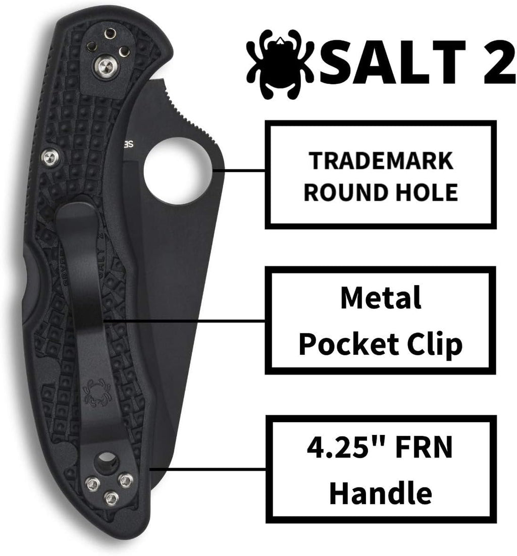 Spyderco Salt 2 Lightweight Knife with 3' H-1 Ultra-Corrosion Resistant Steel Blade and Black FRN Handle - PlainEdge - C88PBBK2