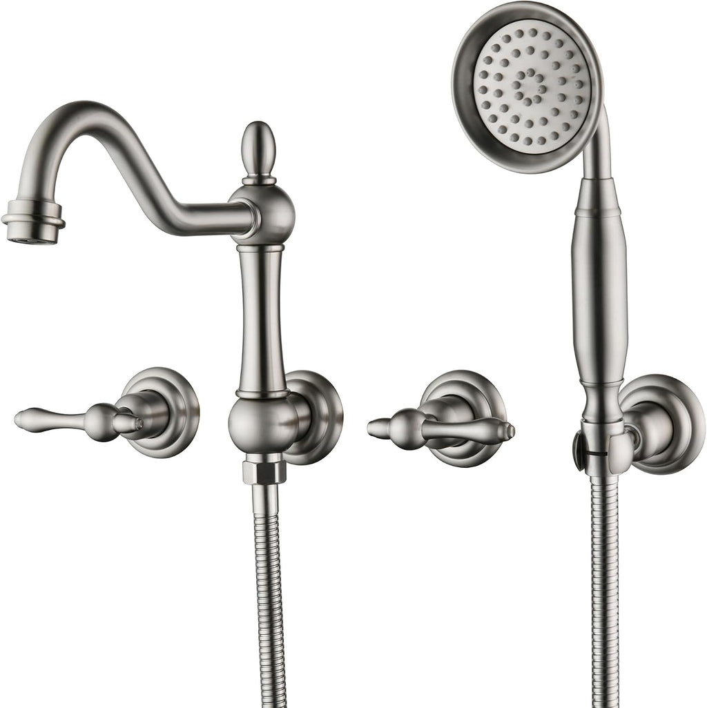 SUMERAIN Brushed Nickel Wall Mount Bathtub Faucet with Handheld Sprayer Traditional Tub Filler with Rough-in Valve