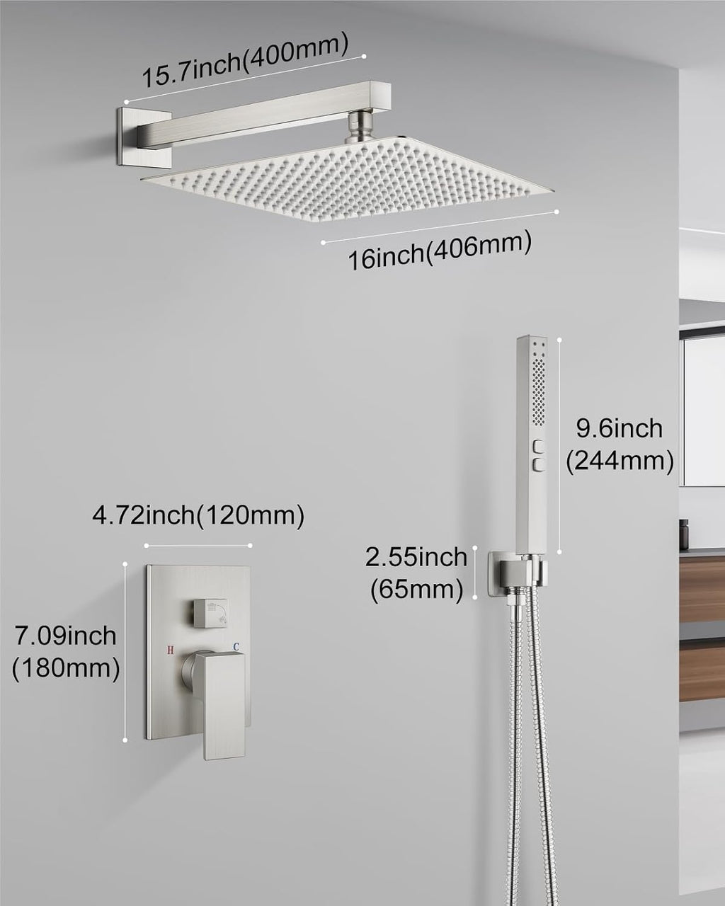 Shower Faucet Set Rainfall Shower System with Square Showerhead and Handle Set Fixture with 2 in 1 Function Handheld Sprayer Wall Mounted Trim Repair Kit Rough-in Valve 16 Inch Brushed Nickel