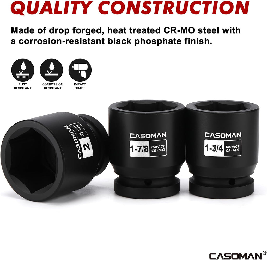 CASOMAN 21-Piece 1' Drive Jumbo Impact Socket Set, 6-Point, Shallow Large Socket Set, SAE (1-5/8' to 3-1/8'), Includes Extension Bars, Ratchet, CR-MO Steel