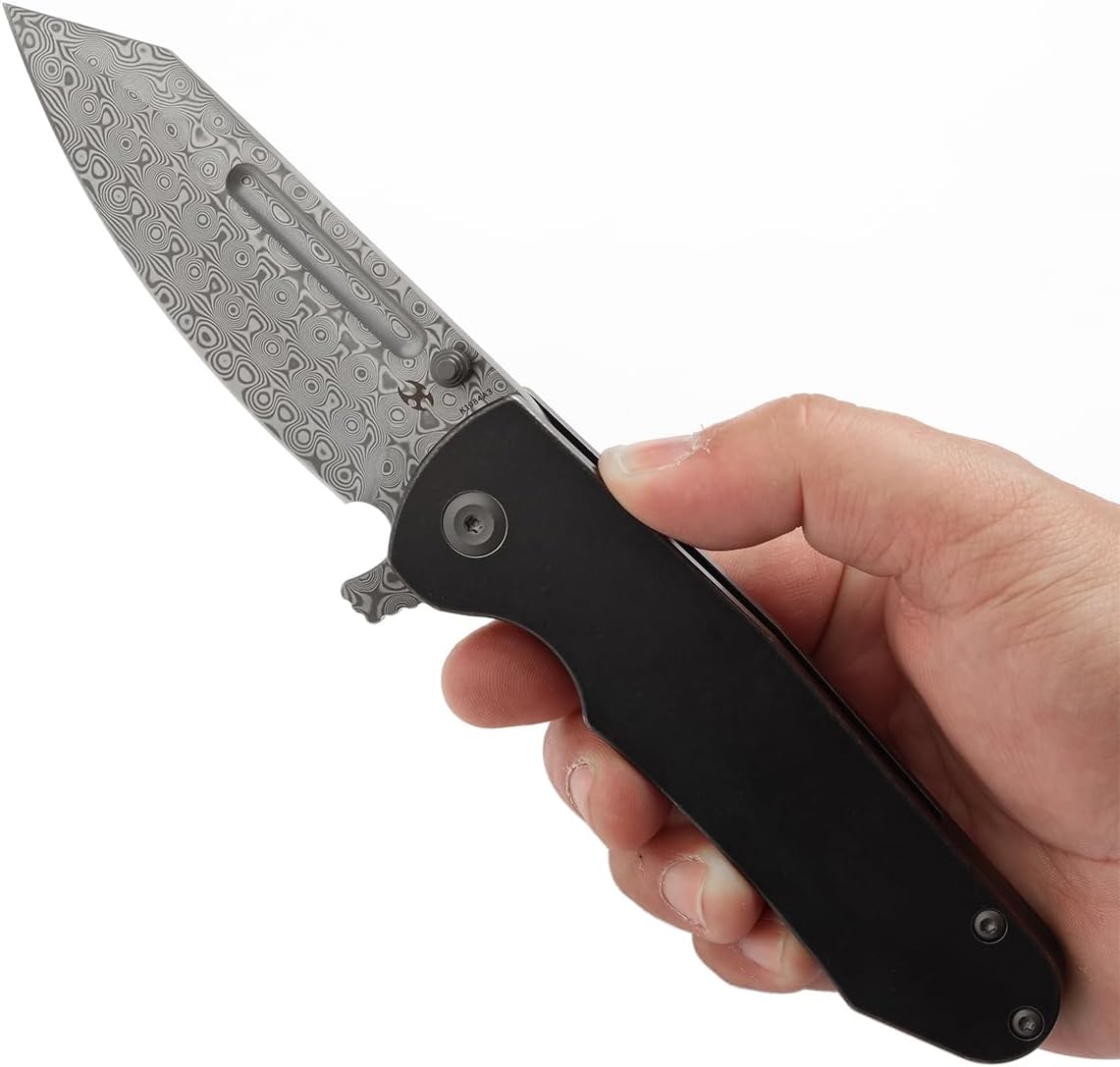 KANSEPT Superhawk Pocket Knives, 3.89''Damascus Steel Sharp Blade, Blackwash Titanium Handle, Thumb Stud for Edc and Outdoor, 9.03'' Camping Folding Hiking Knive K1084A3