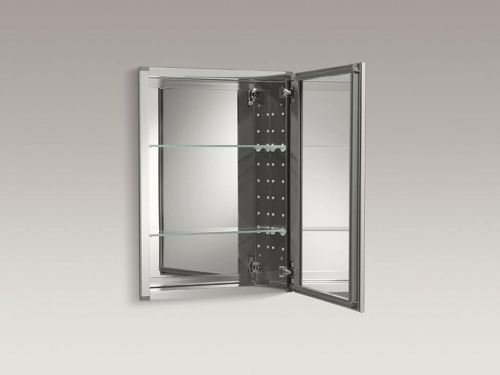 Kohler CB-CLW2026SS Aluminum Bathroom Medicine Cabinet with Mirror, Decorative Silver Framed Mirror Door, Adjustable Shelves, Rectangular Frame, 20 in. W x 26 in. H
