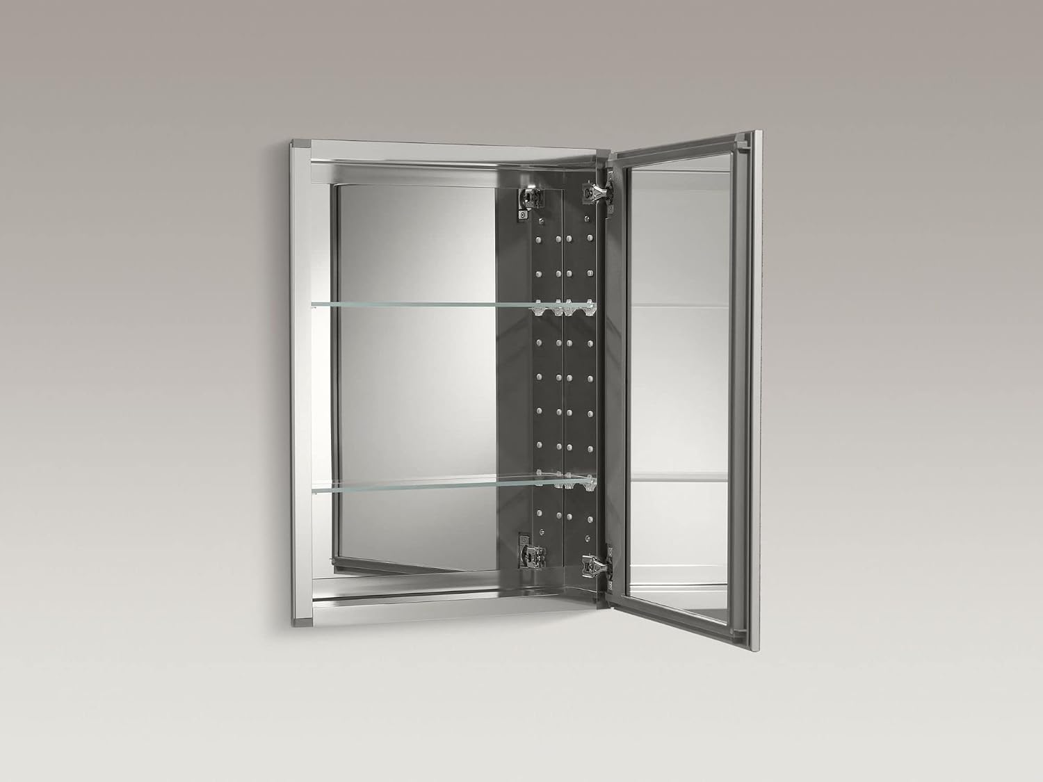 Kohler CB-CLW2026SS Aluminum Bathroom Medicine Cabinet with Mirror, Decorative Silver Framed Mirror Door, Adjustable Shelves, Rectangular Frame, 20 in. W x 26 in. H