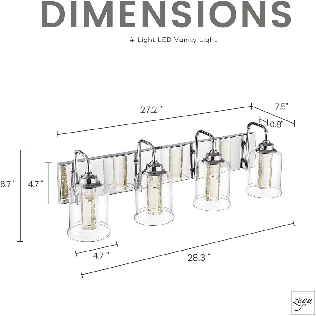 zeyu 4-Light Dimmable Vanity Lighting Fixture, 20W LED Bathroom Vanity Light, Adjustable 3CCT 3000K/4000K/5000K, Chrome Finish with Crystal Bubble and Clear Glass, ZSL72B-4W LED CH-1