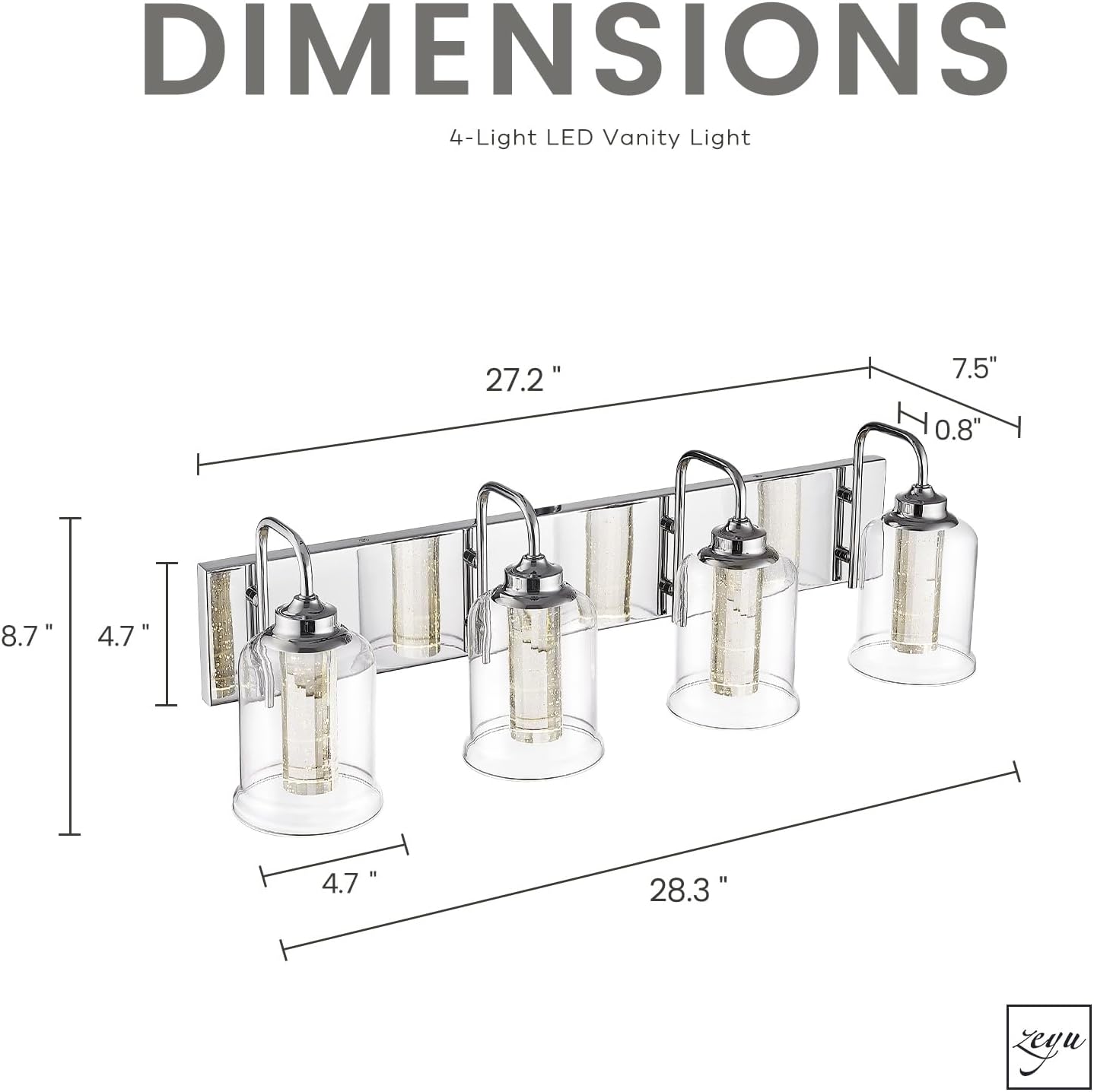 zeyu 4-Light Dimmable Vanity Lighting Fixture, 20W LED Bathroom Vanity Light, Adjustable 3CCT 3000K/4000K/5000K, Chrome Finish with Crystal Bubble and Clear Glass, ZSL72B-4W LED CH-1
