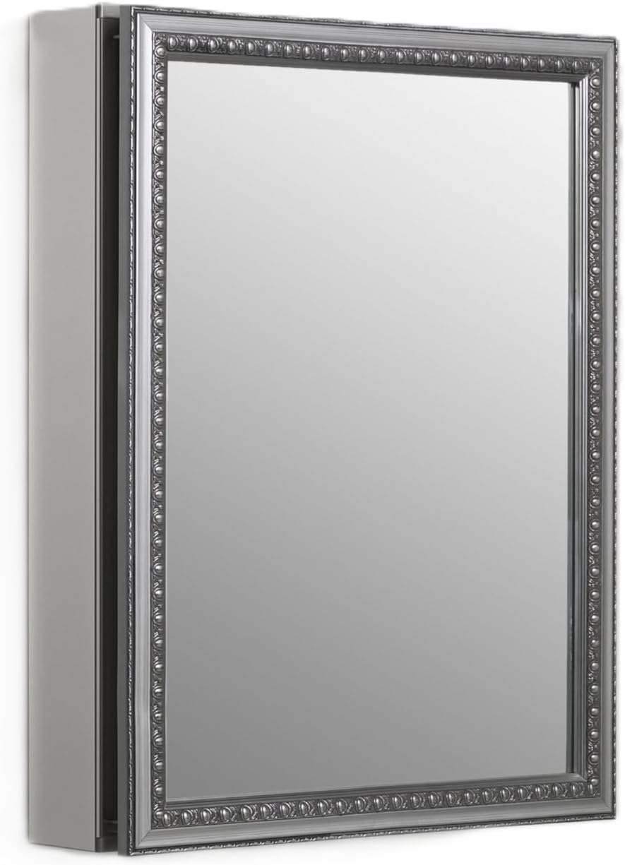 Kohler CB-CLW2026SS Aluminum Bathroom Medicine Cabinet with Mirror, Decorative Silver Framed Mirror Door, Adjustable Shelves, Rectangular Frame, 20 in. W x 26 in. H