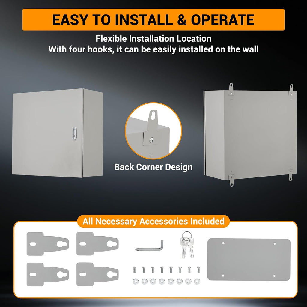 Outdoor Electric Meter Box 24 * 24 * 8inch, IP66 Waterproof Dustproof, NEMA 4X Enclosure Lockable Steel Junction Box with Mounting Plate and 2 Keys, Indoor & Outdoor Use