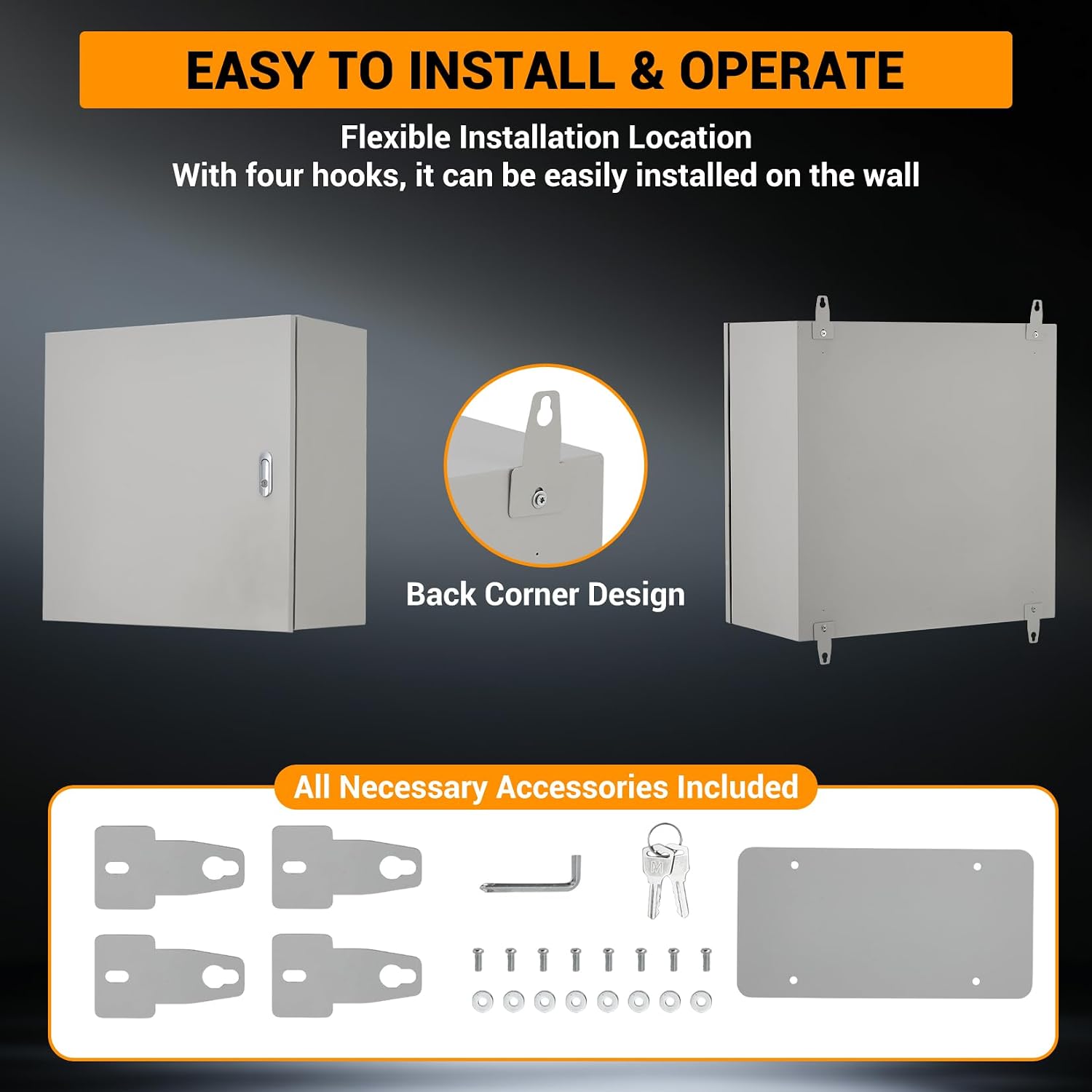 Outdoor Electric Meter Box 24 * 24 * 12inch, IP66 Waterproof Dustproof, NEMA 4X Enclosure Lockable Steel Junction Box with Mounting Plate and 2 Keys, Indoor & Outdoor Use