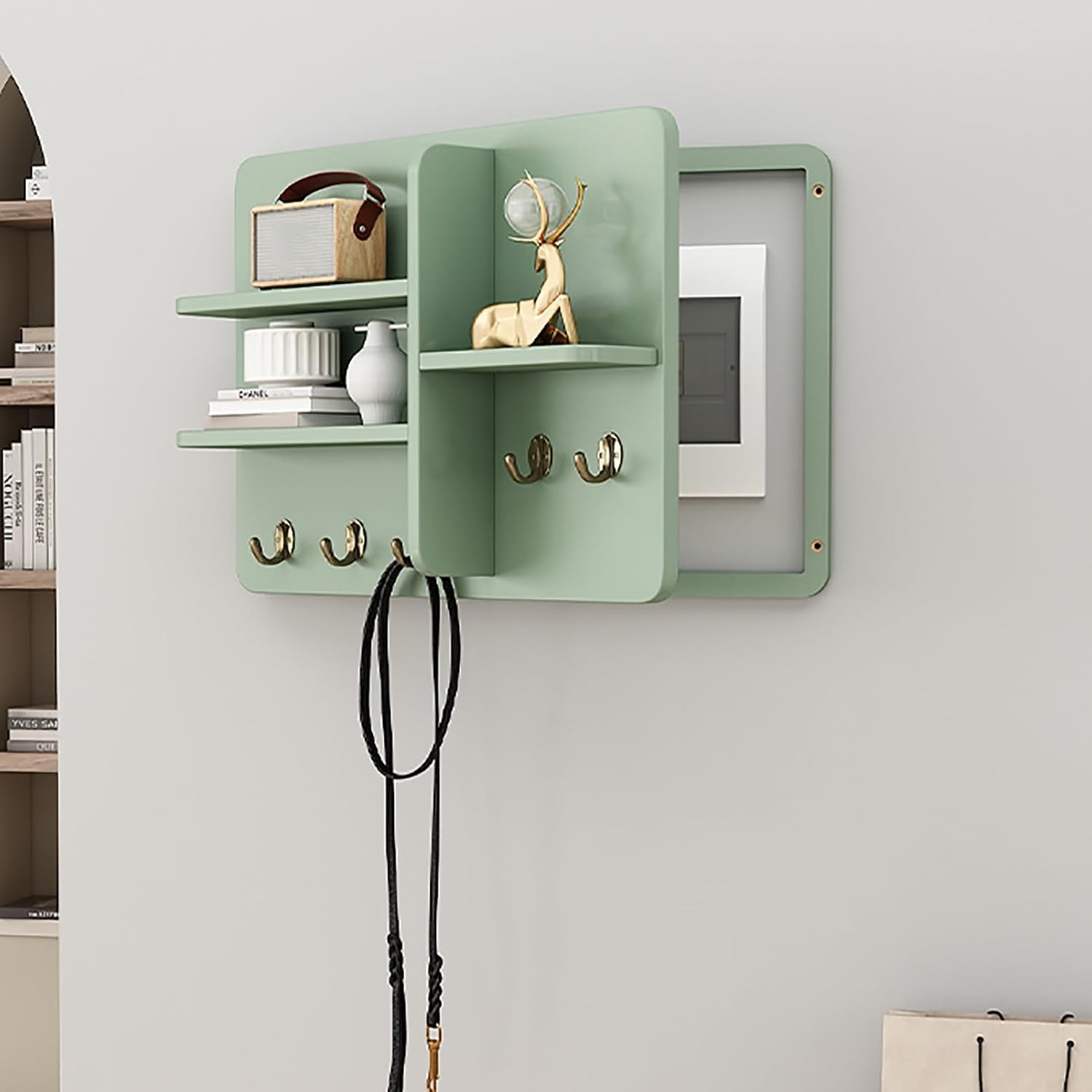 Decorative Fuse Box Covers, Hide Electrical Panel Decoration Wall Mounted, Wooden with Shelf & Hooks, Adapts to Different Interior Decoration Styles(Green,50 * 40cm/20 * 16in)