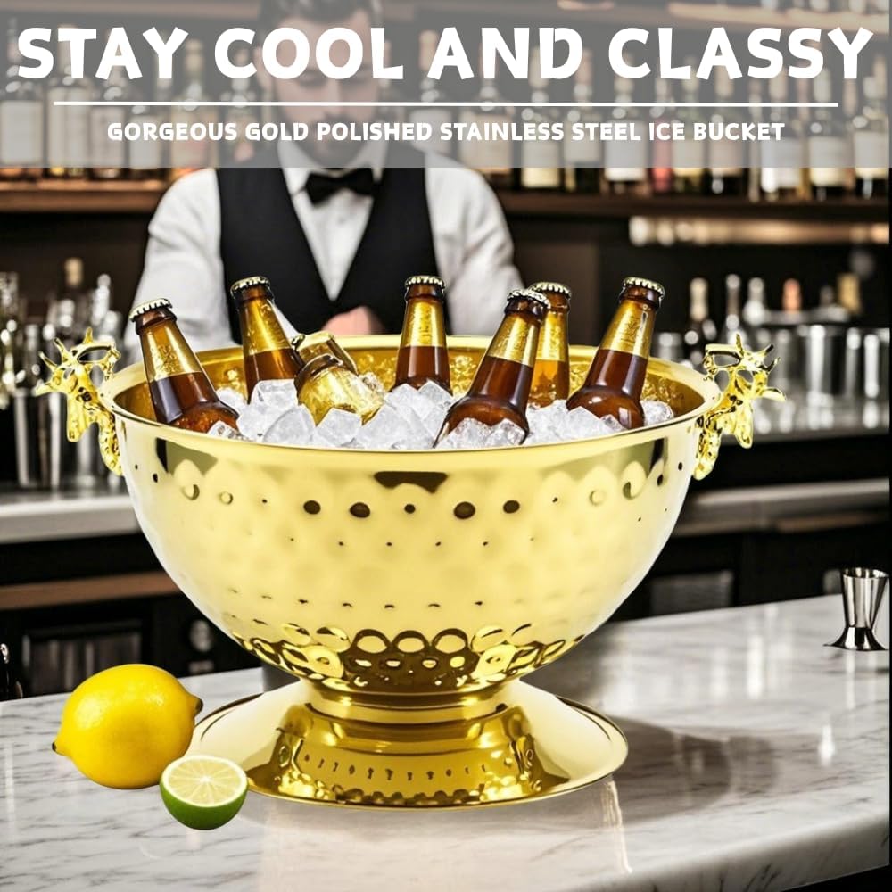 Luxurious Ice Bucket for Parties,Party Sized 12L Drink Cooler for Parties,Gold Stainless Steel Ultimate Champagne Bucket with Antler-Shaped Handle,Large Ice Bucket for Events