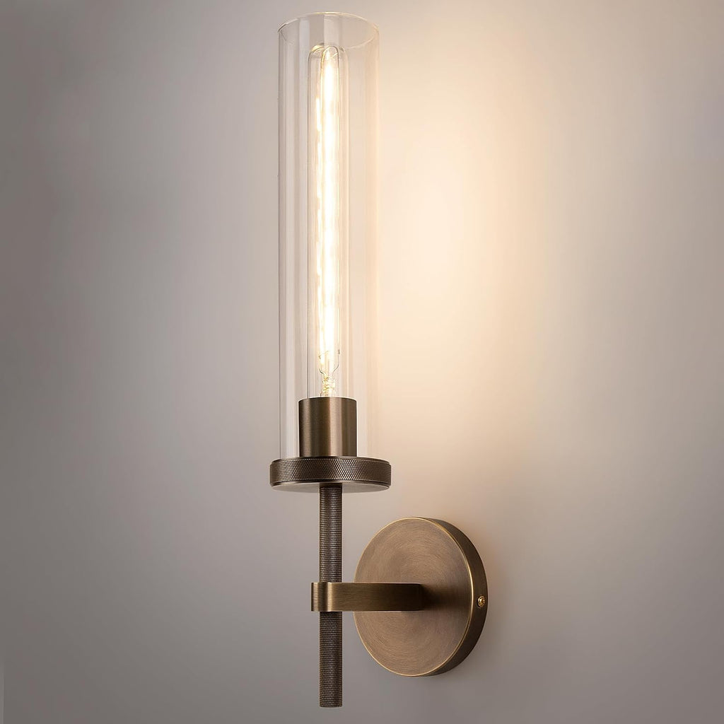 19.5' Knurled Brass Wall Sconce with Clear Glass Tube, Bronze Bathroom Vanity Light Fixtures, Modern Lamp Lighting for Bedroom, Living Room, Hallway, Staircase, Mirror, Kitchen
