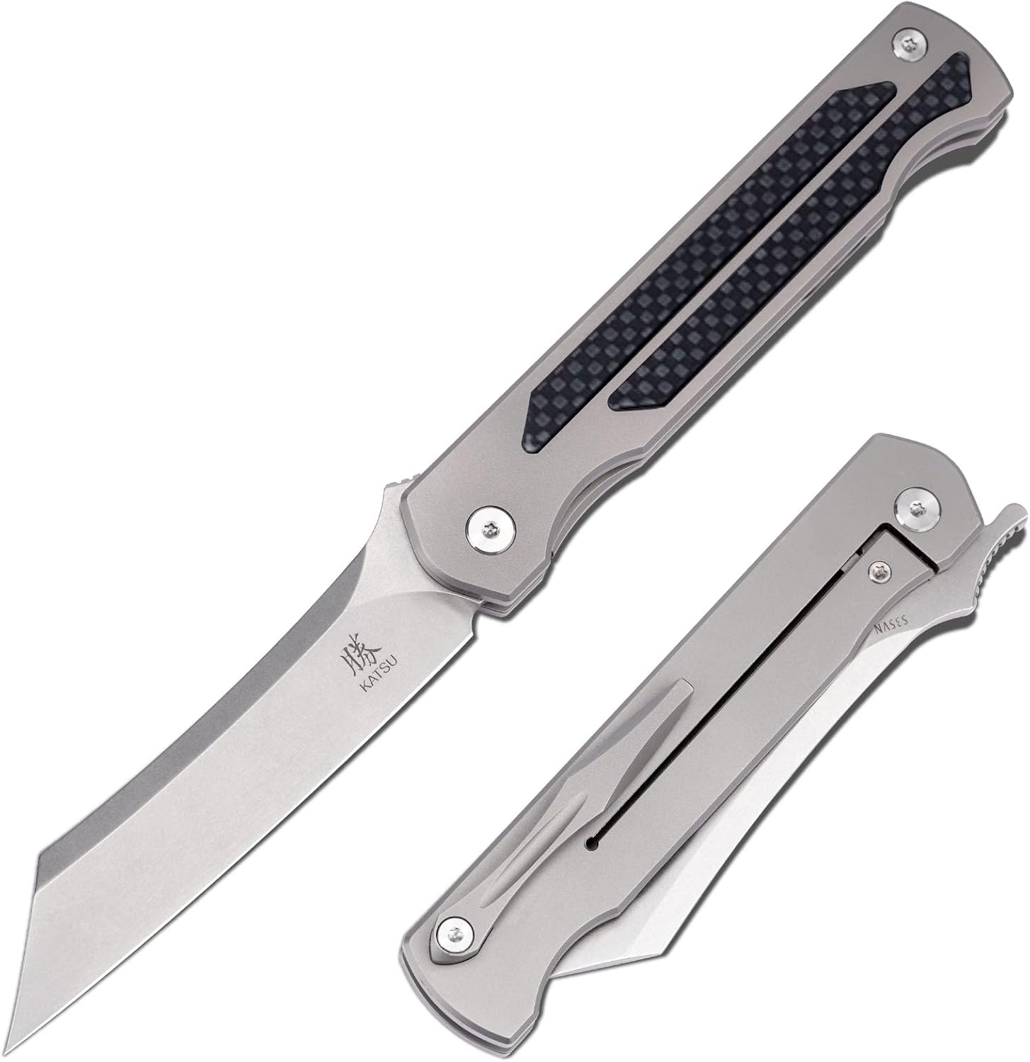 KATSU S35VN Steel Blade Folding Knife,Titanium Pocket Knife for Men Carbon Fiber Handle,Frame Lock Japanese Style Front Flipper EDC Knife with Clip Stonewash Leather Sheath