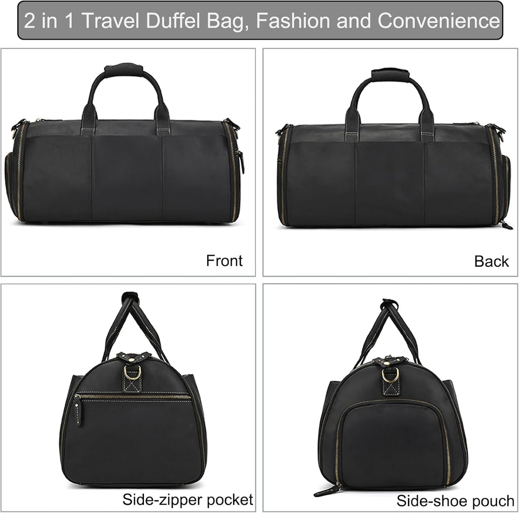 LUUFAN Full-grain Leather Garment Bag Large Capacity Travel Bag Business Suit Carrier Bag with Shoe Compartment, Overnight Gym Sports Duffel Bags for Men Women, Black
